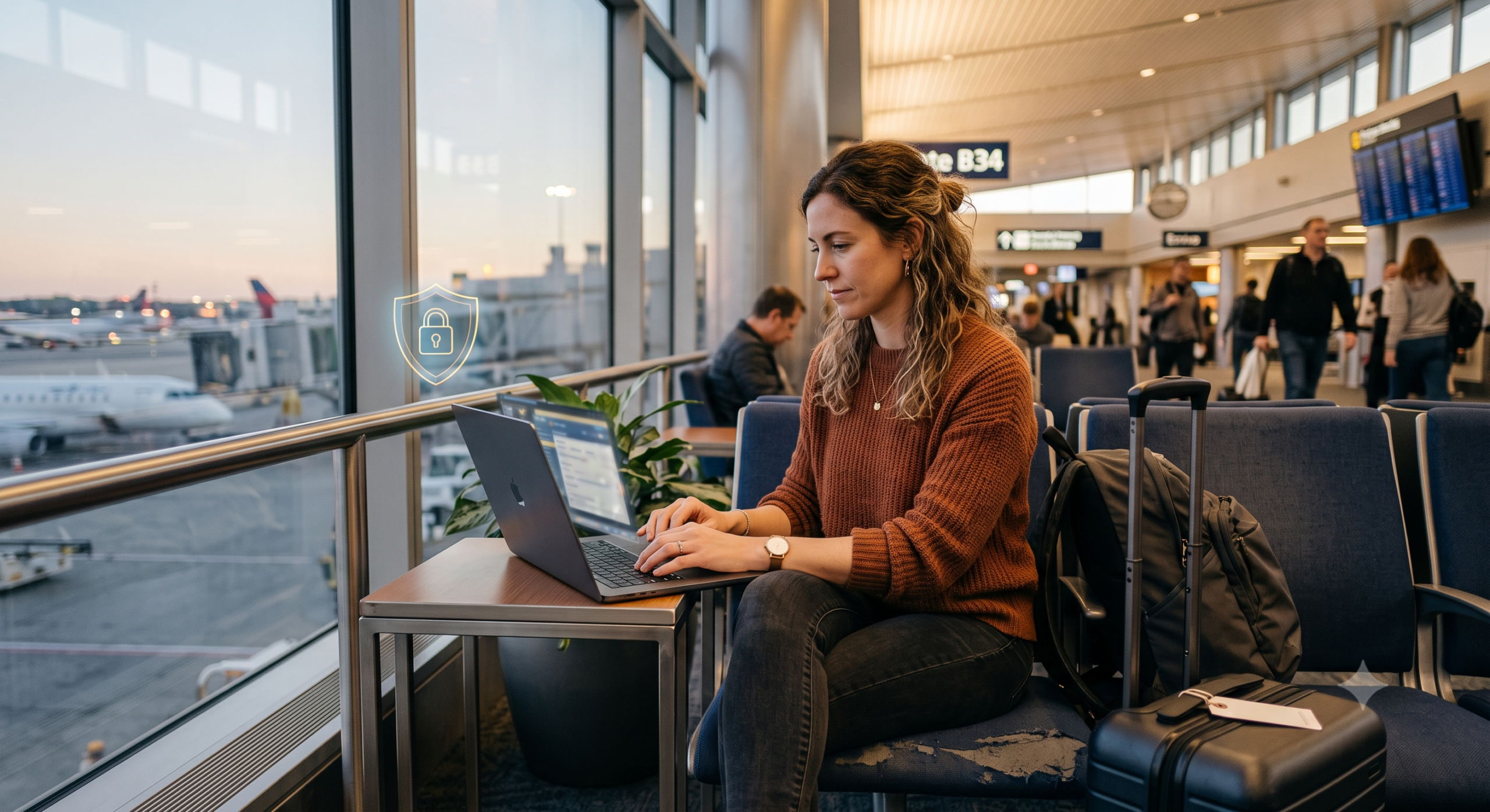 Traveler using a laptop in an airport terminal with a VPN connection icon overlay