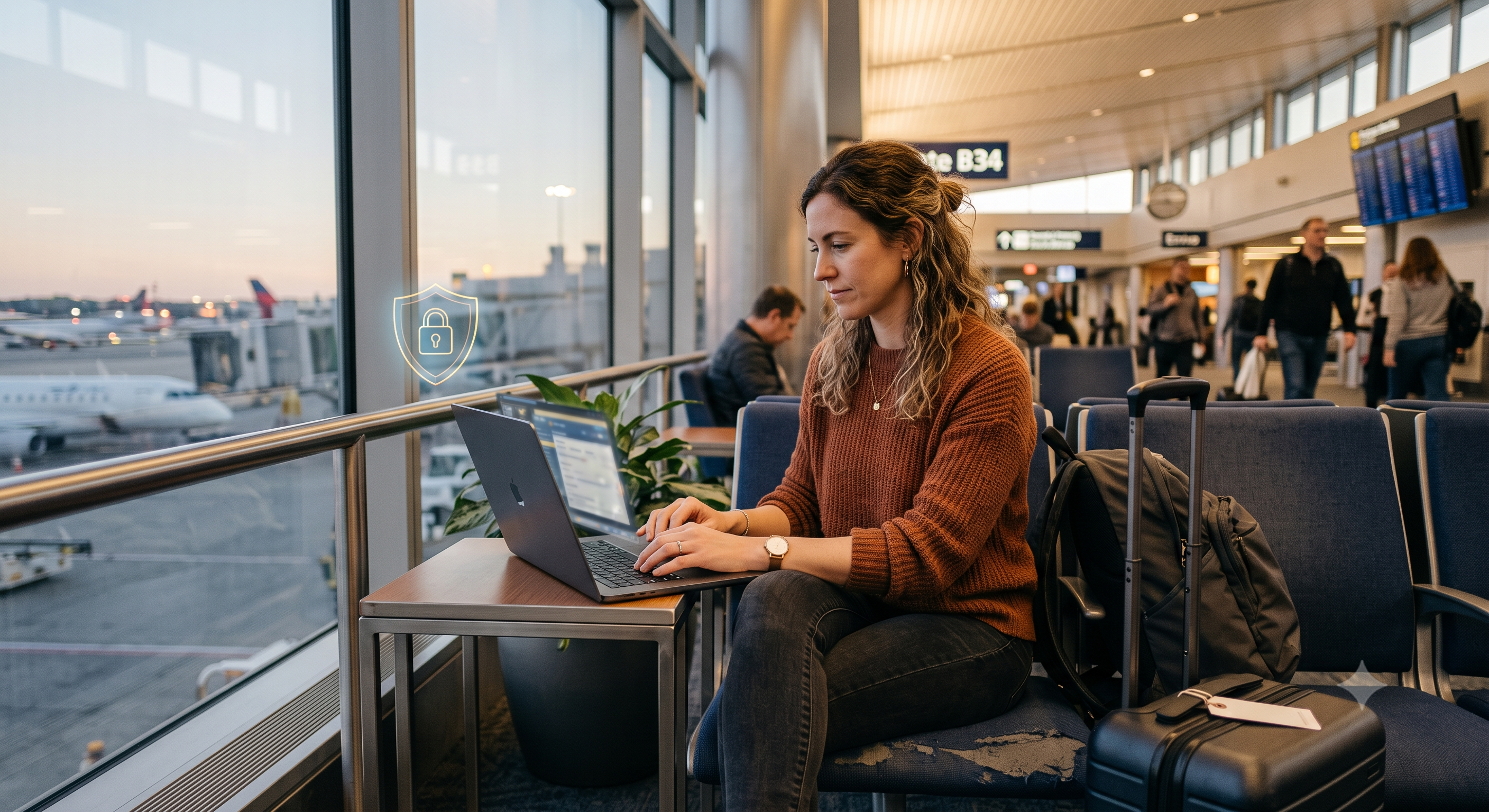Traveler using a laptop in an airport terminal with a VPN connection icon overlay
