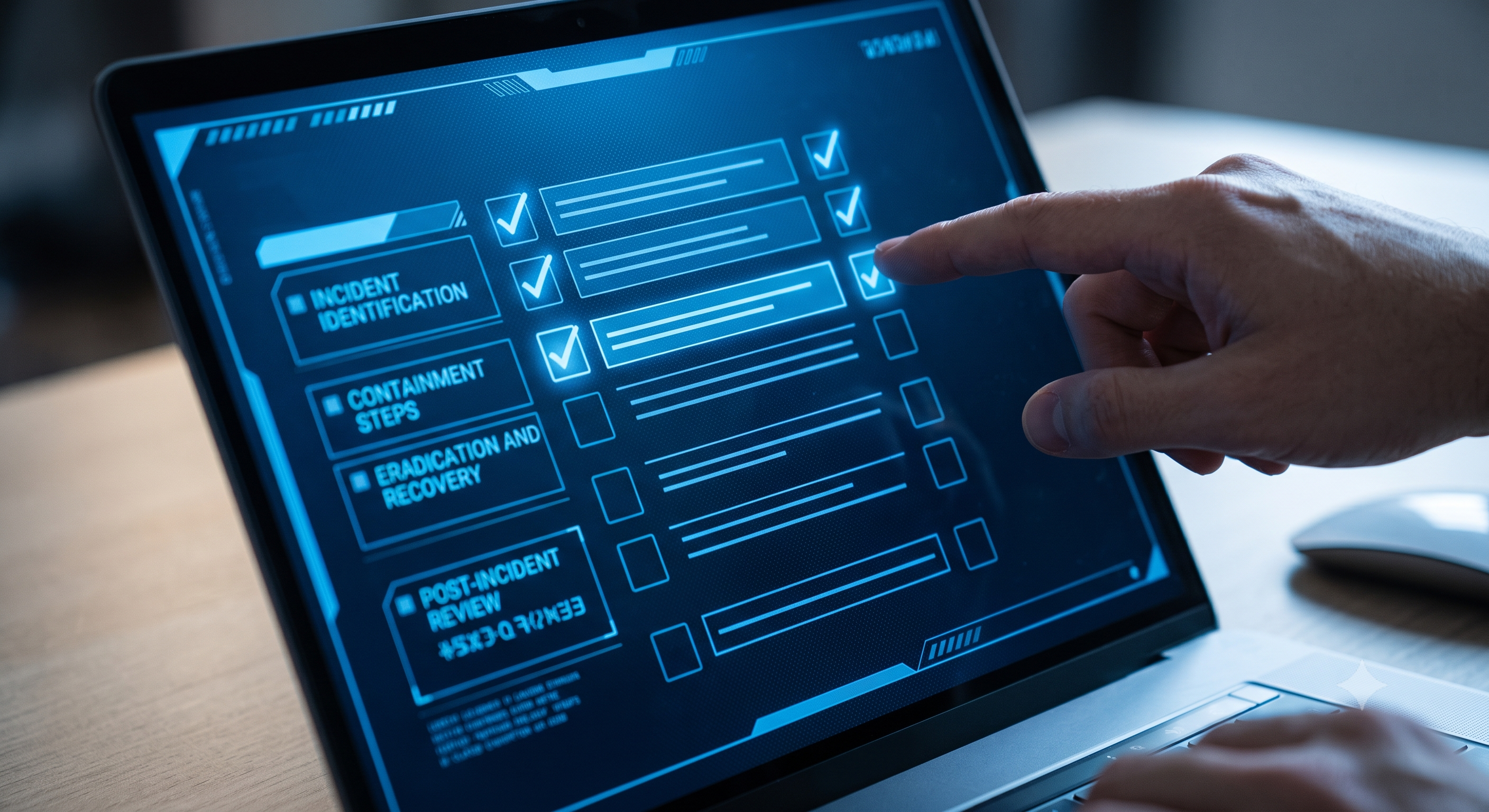 Laptop screen showing a security alert checklist being worked through step by step