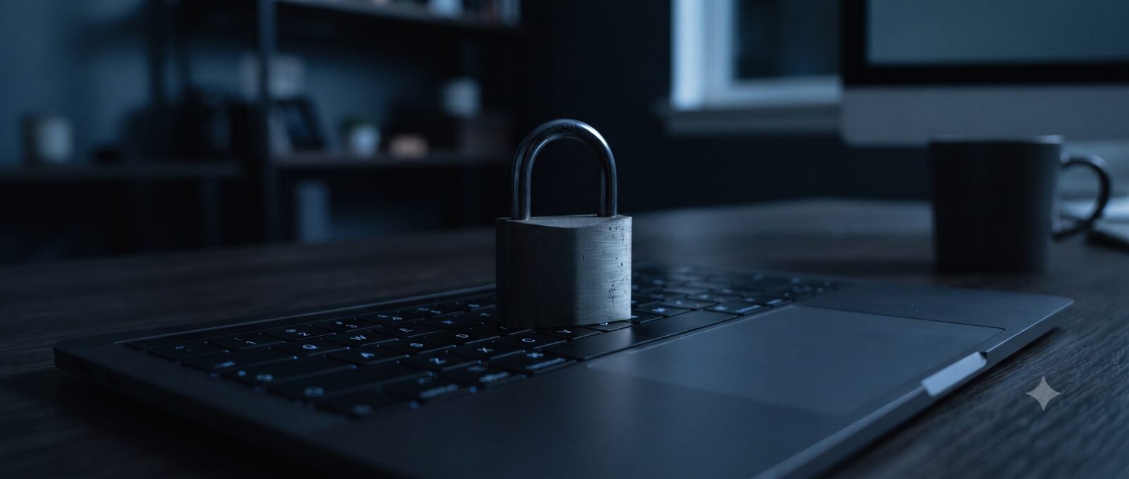 A metal padlock sitting on a laptop keyboard in dim moody blue lighting