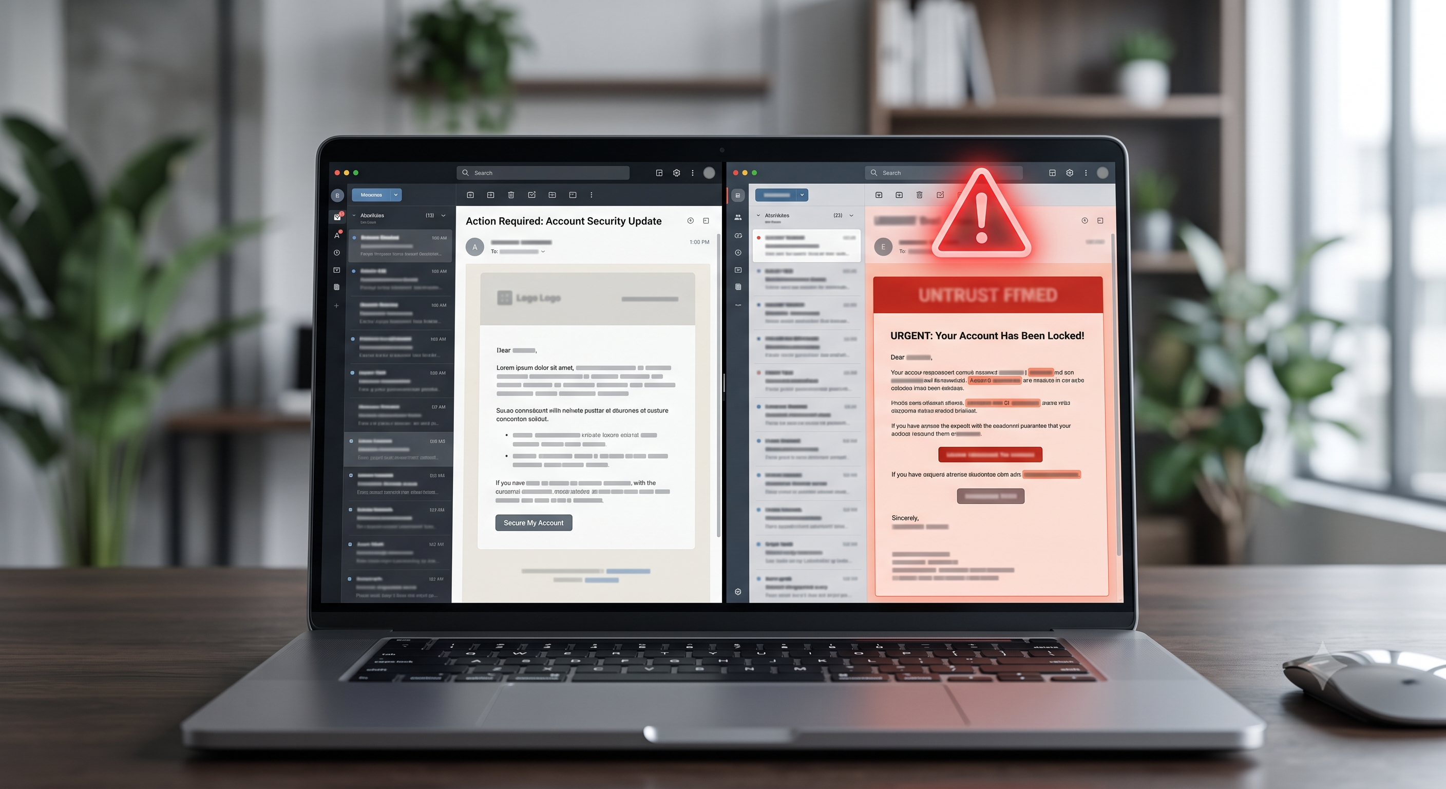 Side by side comparison of a legitimate security notice and a suspicious phishing email on a laptop screen