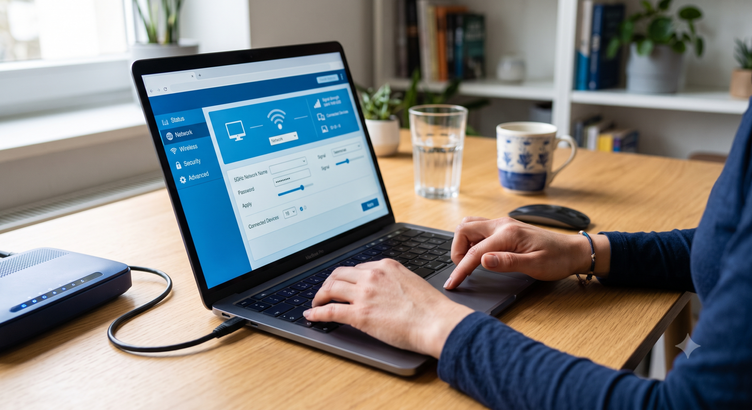 Person adjusting wireless router admin settings on a laptop at a home desk