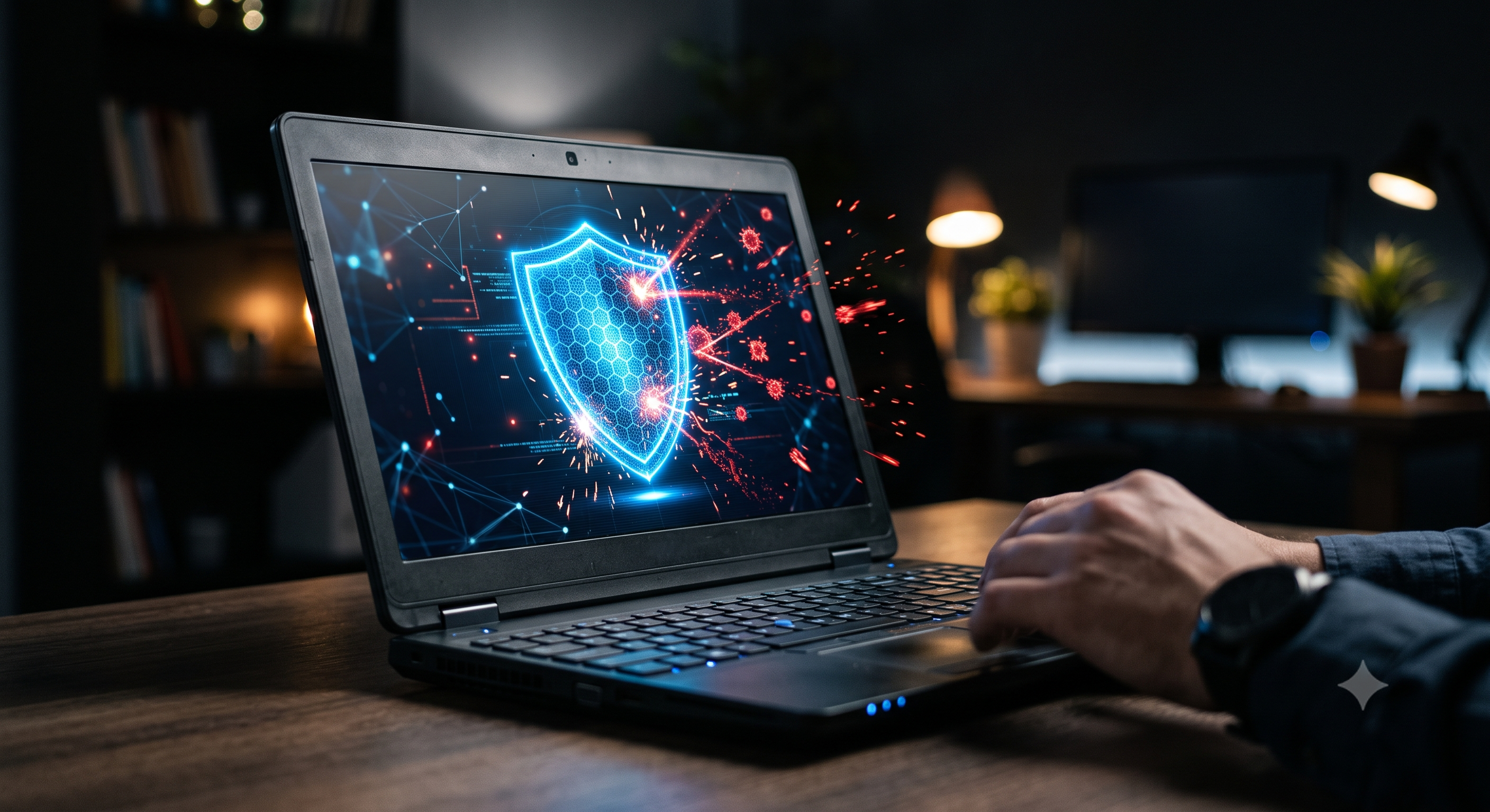 Laptop screen showing a glowing blue digital shield deflecting red malware particles