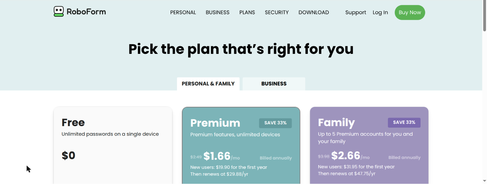 RoboForm password manager pricing plans screenshot
