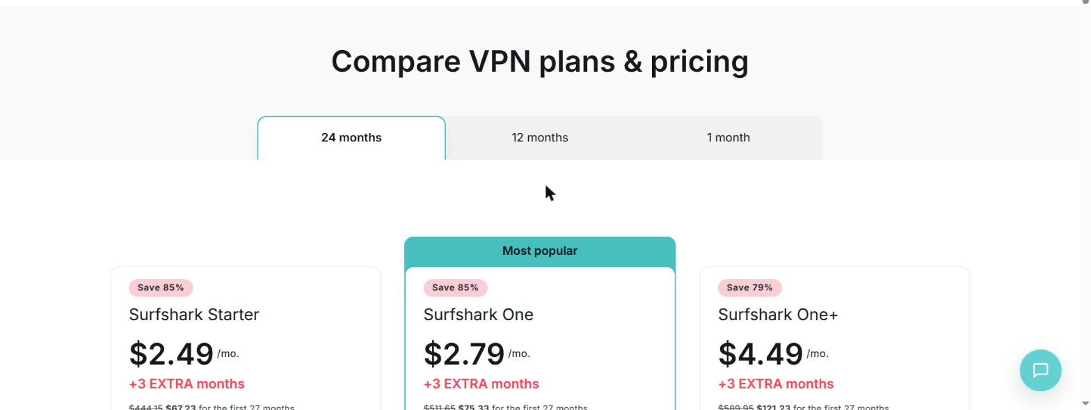 Surfshark VPN pricing plans screenshot