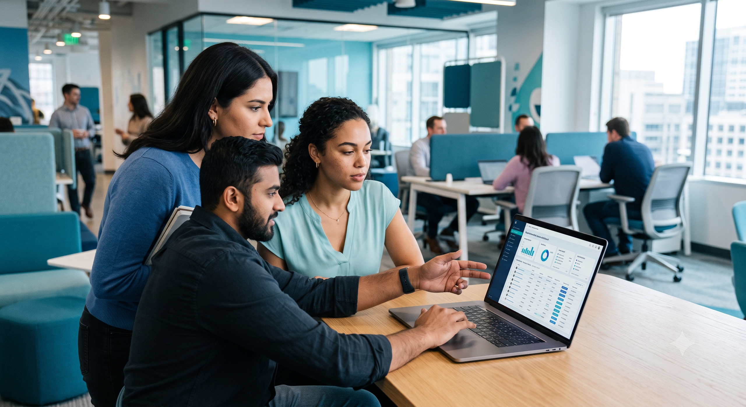 Small team viewing a shared credential dashboard with role-based access groups on a laptop