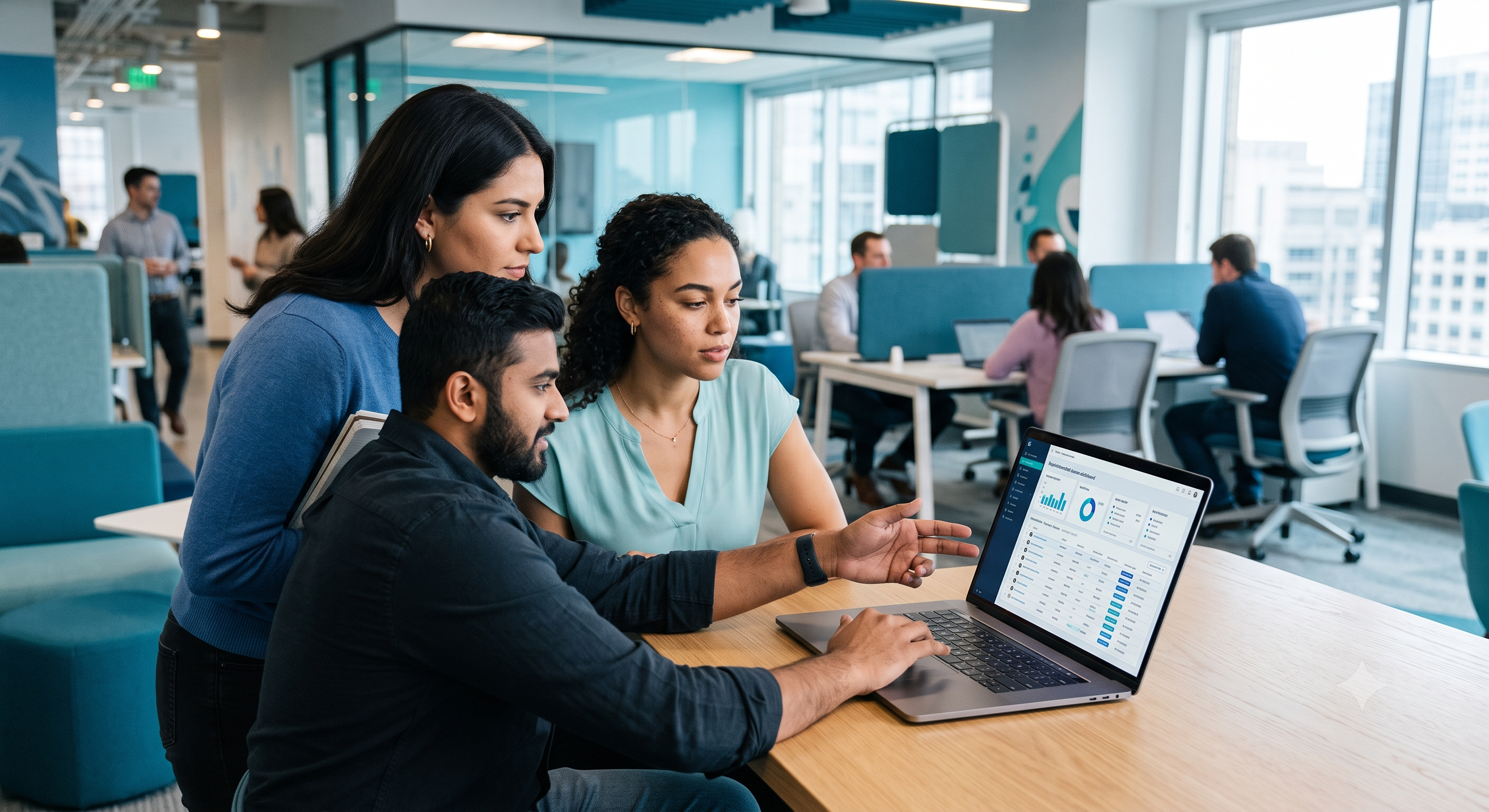 Small team viewing a shared credential dashboard with role-based access groups on a laptop