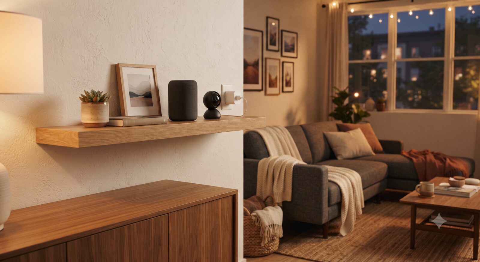 A modern living room with a smart speaker, a smart plug, and a small camera visible on a shelf