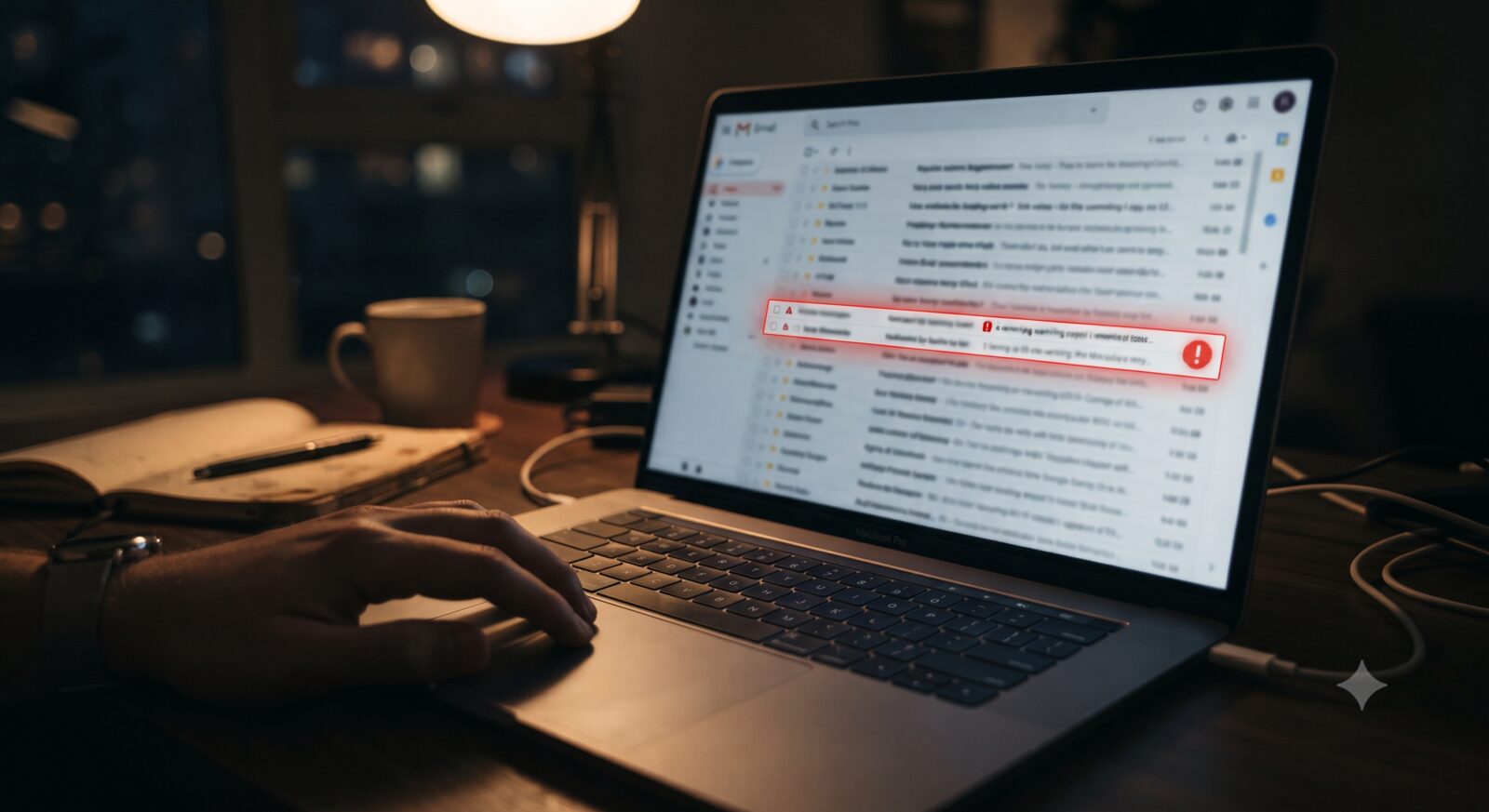 A laptop screen showing a blurred email inbox with a suspicious email highlighted by a warning icon