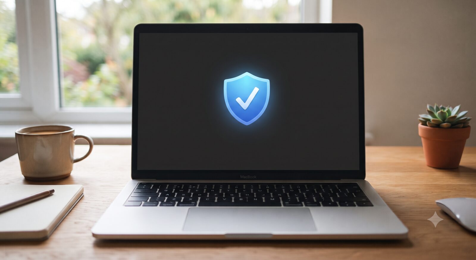A laptop screen showing a glowing shield checkmark icon representing a software update in progress