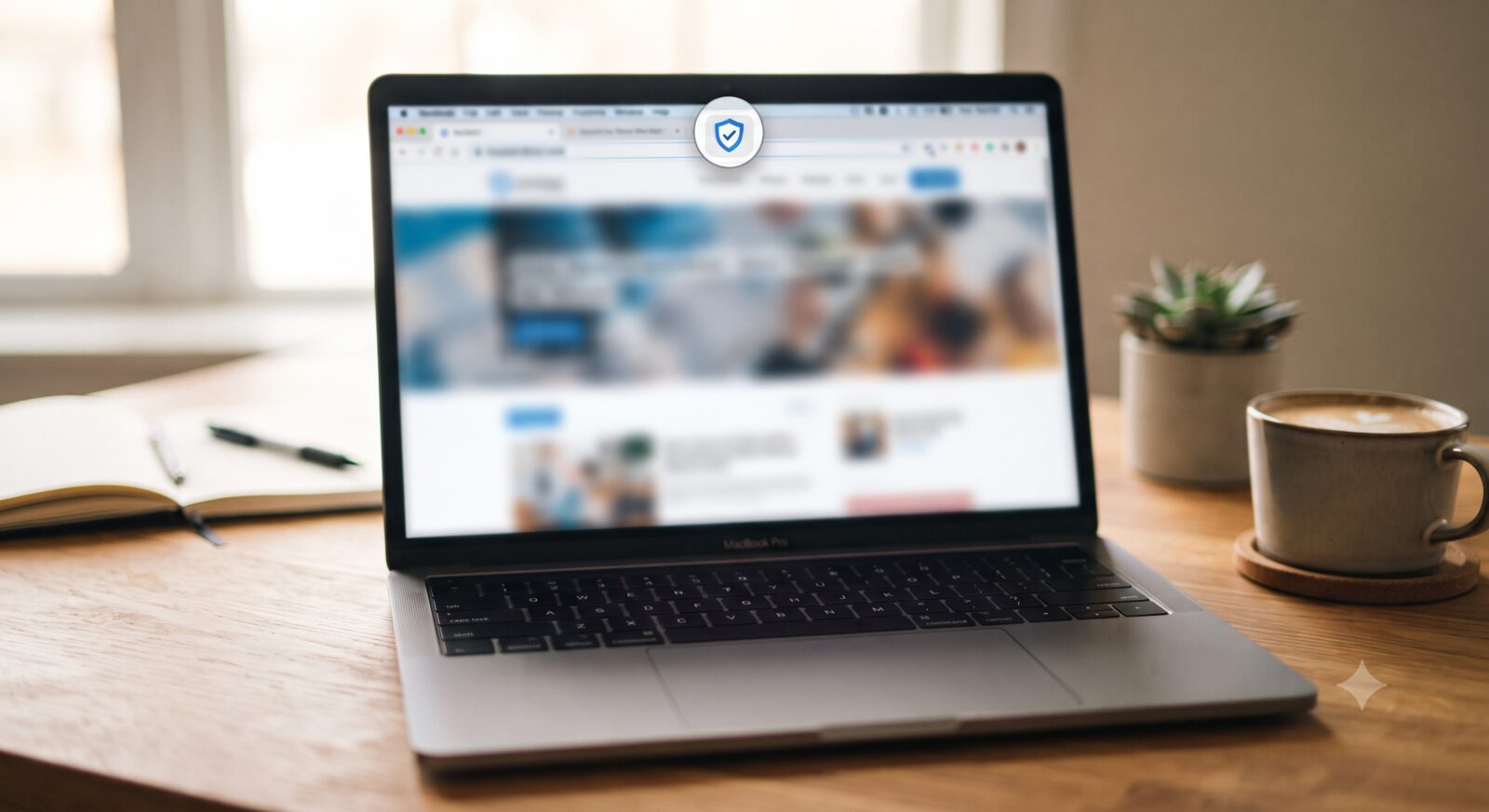 A laptop screen showing a blurred web browser with a privacy shield icon in the address bar