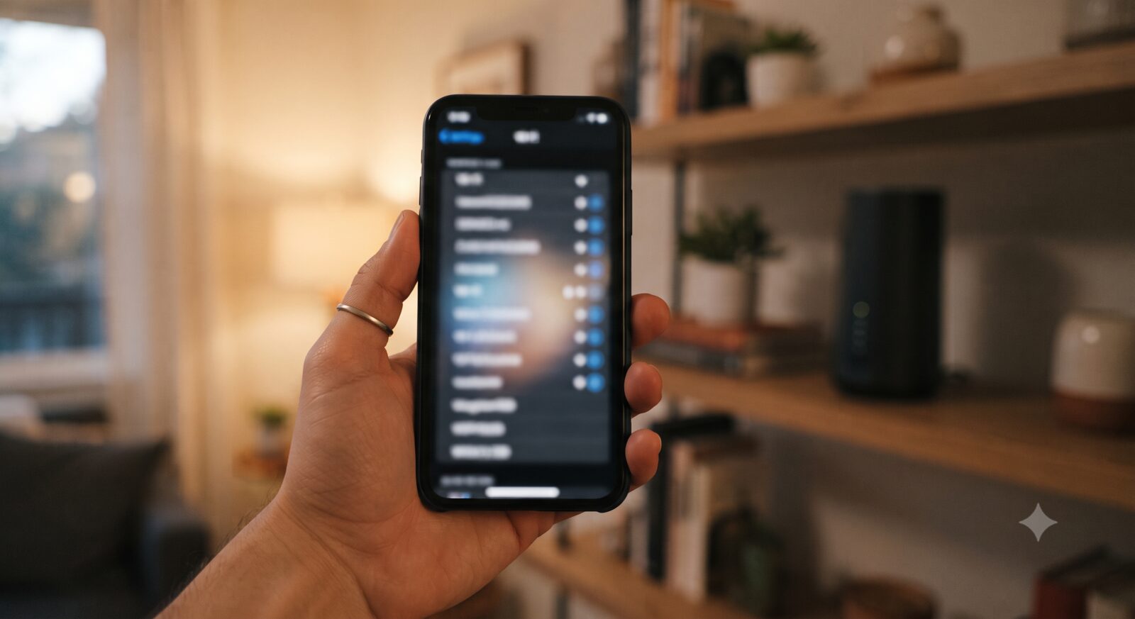 A hand holding a smartphone showing a blurred wifi network settings screen with a home router visible in the background